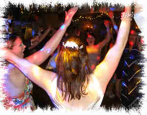 mobile disco sandwich, wedding dj arms in air dancing image